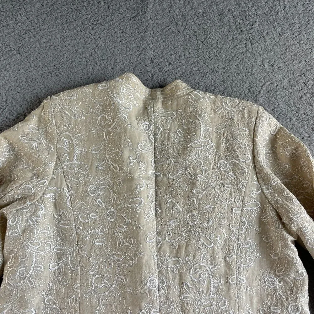 NEW Victor Costa Jacket Womens Medium Beige Blazer Linen Embroidered Floral Open